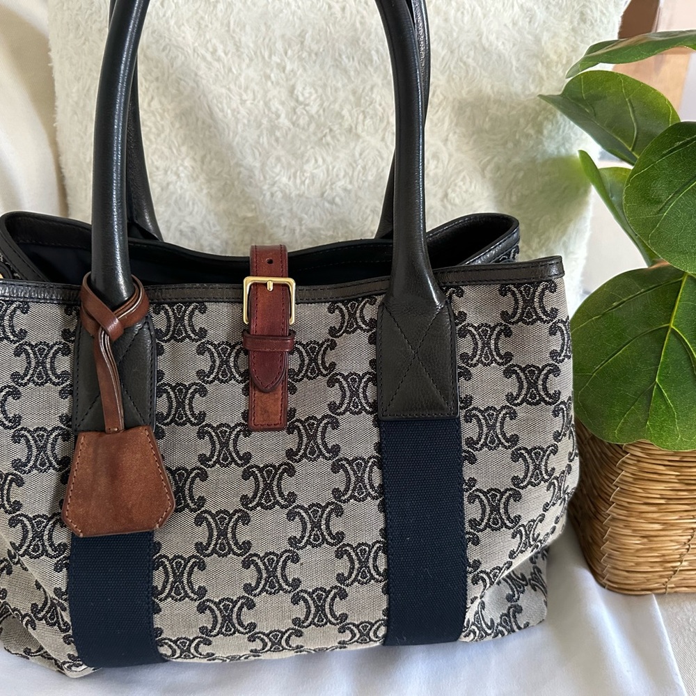 Celine Beige Canvas Triomphe Tote with Black and Brown Trim